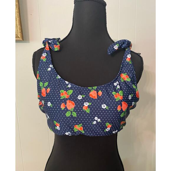 Modcloth Blue Polka Dot Strawberry Tie Strap Metal Back Closure Bikini Top Large - Picture 1 of 7